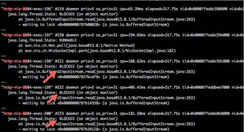 jstack 200 个 http-nio 线程处于 BLOCKED 状态抓图